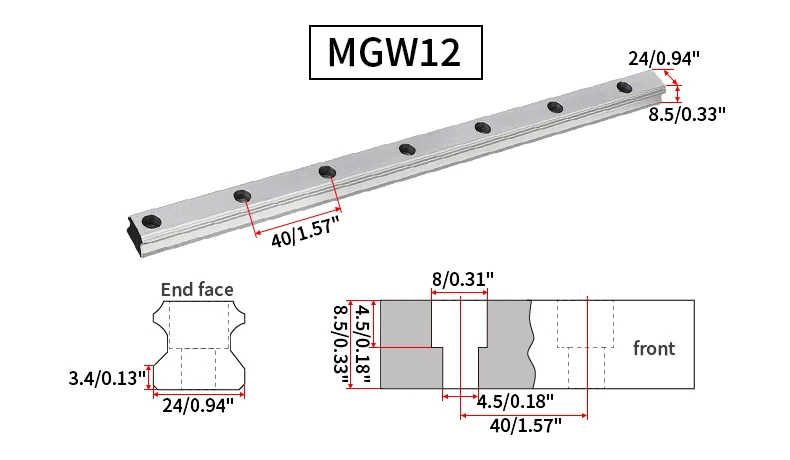MGW7 MGW9 MGW12 MGW15 Verbreiterte Linearführung 100 150 1200 1250 1300 1350 1400 1450 1500 1550 1600 mm Miniaturführung ohne Schieber – Detail 8