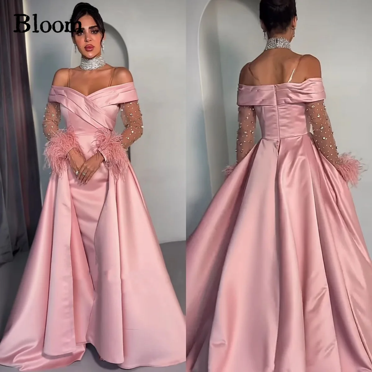 

Bloom Off Shoulder Pink Feathers Prom Dresses Long Sleeves Rhinestone Formal Evening Dresses Wedding Party Gown Free Shipping