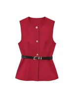 Women's Long Waistcoat with Belt, Front Gold Button, O Neck Sleeveless Vest, Female Outerwear, Chic Tops, Fashion - Image 6