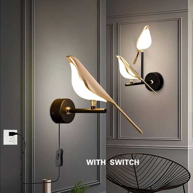 까치 버드 플러그 스위치 LED 벽 램프, 360 ° 회전 실내 LED 벽 조명 고정장치, 침대 옆 침실 AC85-265V 벽 스콘스