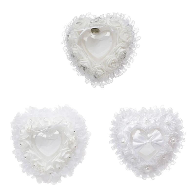 Wedding Ring Bearer Pillow Heart Ring Cushion Holder with White Flower Lace Crystal Bow Wedding Ring Box