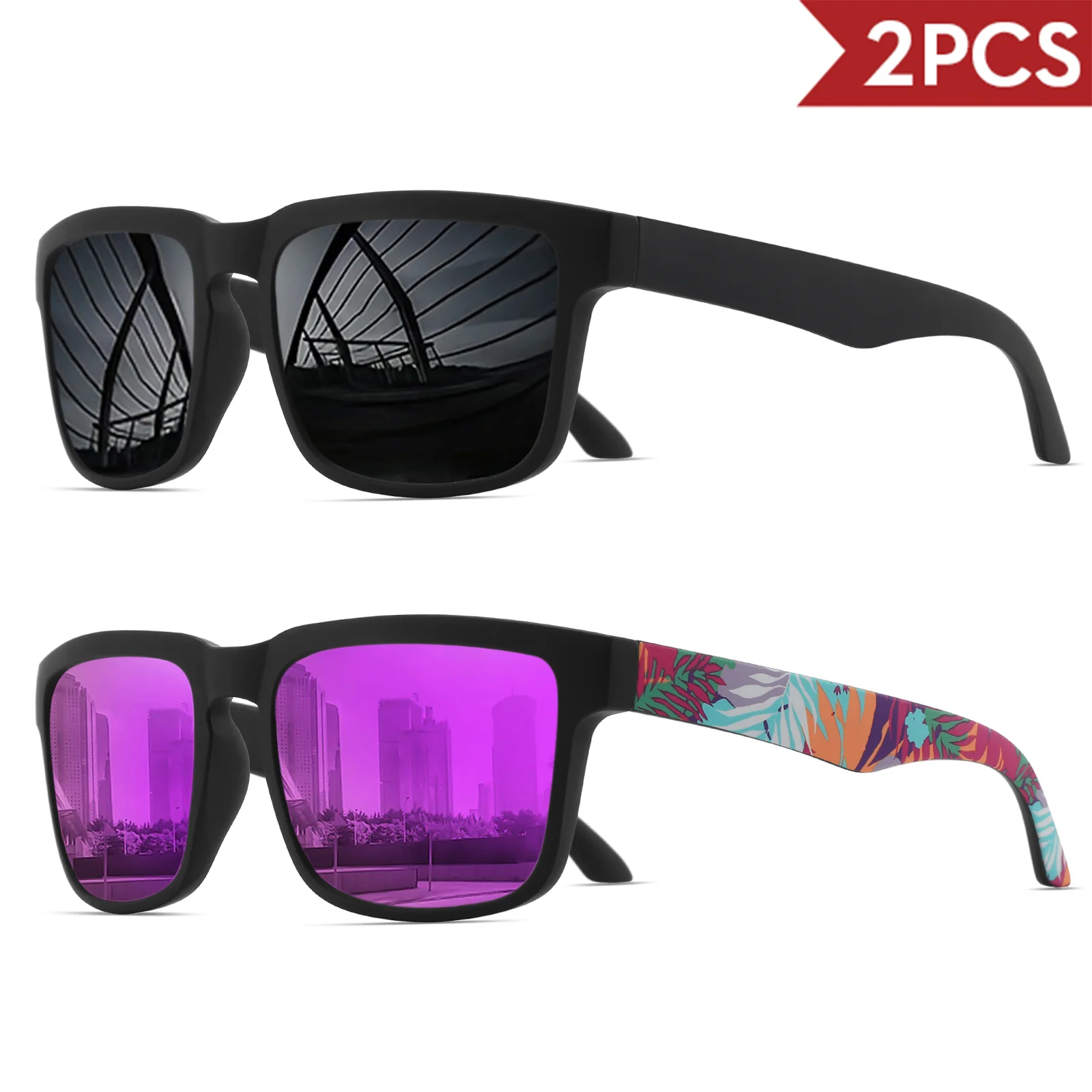 2 quadratische Sport-Sonnenbrille mit Designer-Tempelmuster – UV400 für Männer und Frauen, Strandurlaub – Detail 16