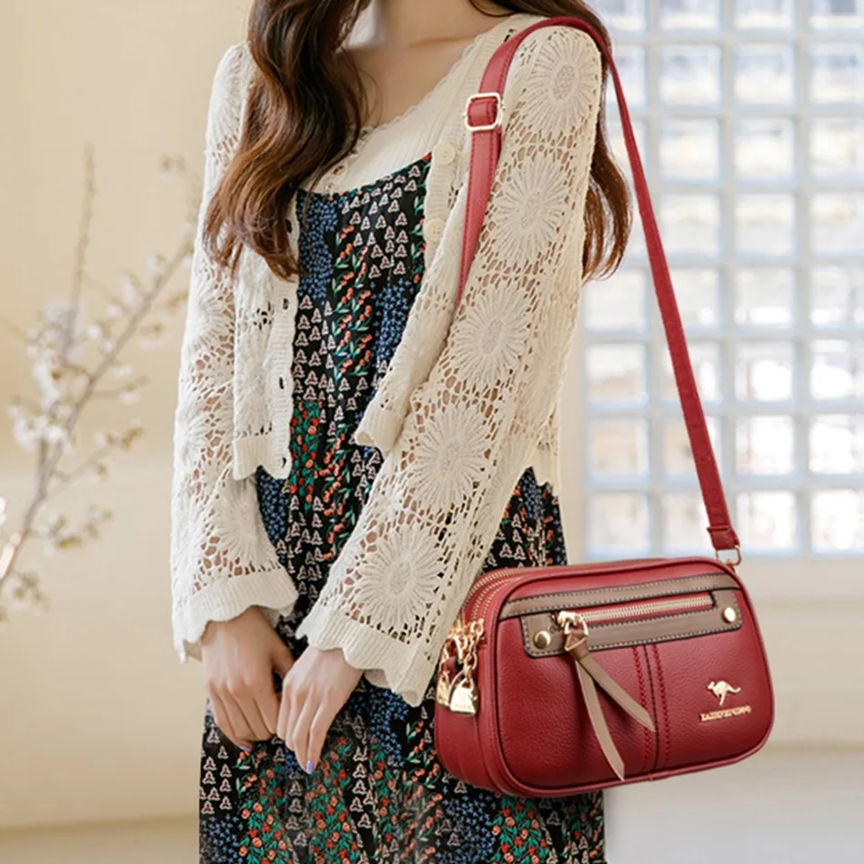 حقيبة كتف جلد طبيعي للسيدات، بتصميم ثلاثي الطبقات،...