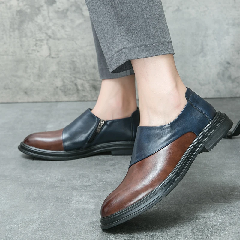 New British style men's matching color side zipper leather shoes for young men lazy foot business dress pointy men's shoes 3