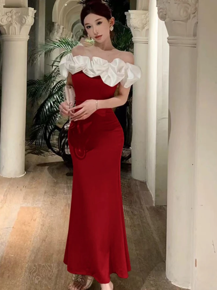 Sexy Bodycon Off Shoulder Party Dress Women New Slim Waist Patchwork Elegant Lady Fashion Prom Robe Long Vestidos Mujers