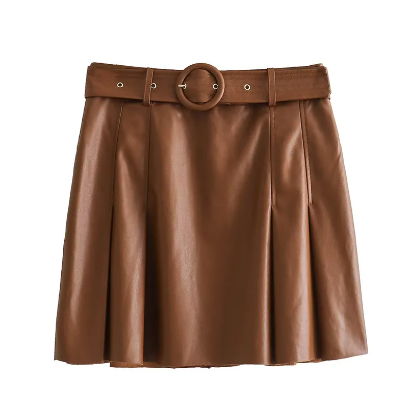 

2023 Women Fashion Faux Leather Wide Pleated Mini Skirt Vintage With Belt Zip Fly High-Waisted Female Skirts Mujer