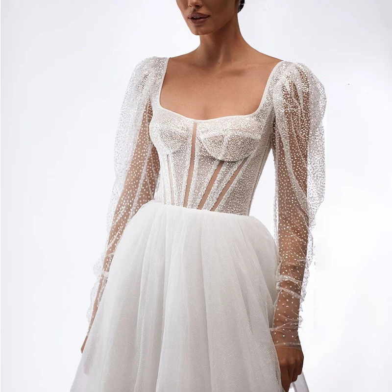 

Elegant Square Neckline Wedding Dresses Graceful A-Line Bridal Gowns Puffy Sleeves Lace-Up With Train Vestidos De Novia