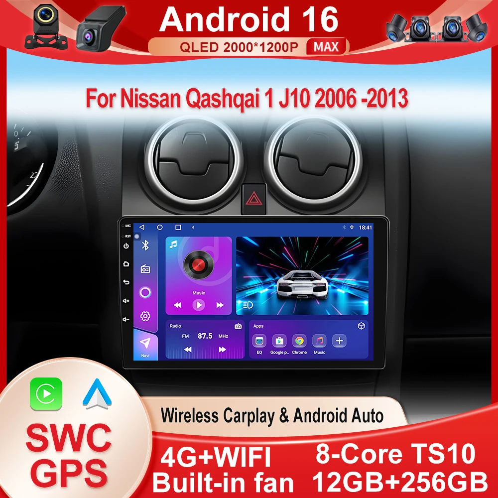 Radio Auto Android 16 para Nissan Qashqai 1 J10 2006-2013, Reproductor Multimedia Estéreo con Carplay, GPS, Navegación, Pantalla Táctil y Bluetooth 1