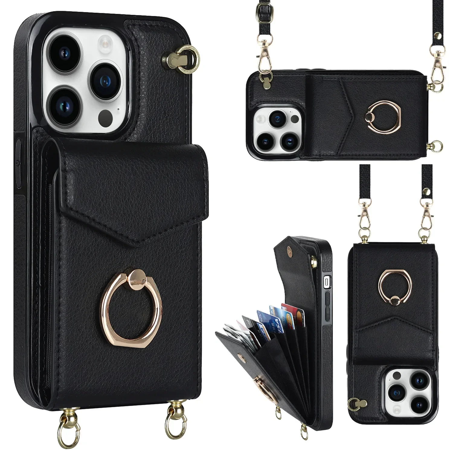 Crossbody Lanyard RFID Blocking Leather Card Holder with Ring Attachment