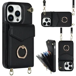 Crossbody Lanyard RFID Blocking Leather Card Holder with Ring Attachment - iPhone 11 (Black)