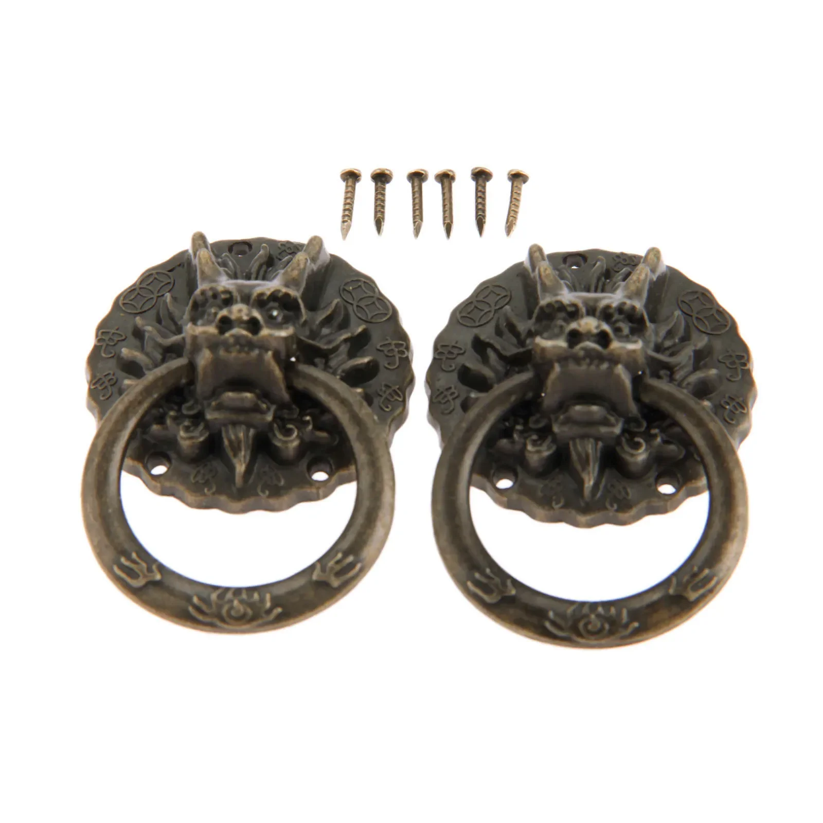 2pcs Antique Bronze Dragon Head Handles Old Chinese Style Vintage Pulls Ring for Dresser Drawer Cabinet Door 32*47mm