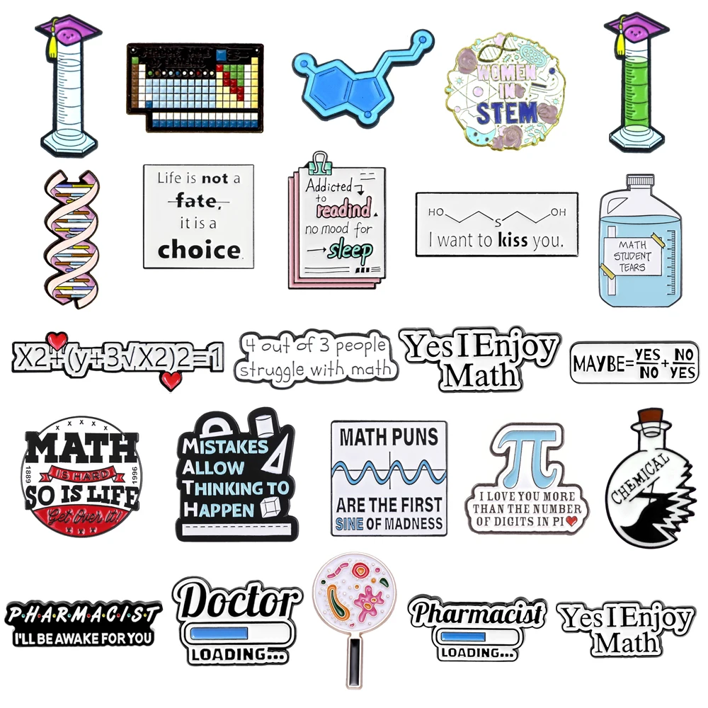 Scienza Spilla Chimica Tavola Periodica Provetta Dna Microscopio Formula Matematica Fisica Medico Distintivo In Metallo Punk Spille Gioielli
