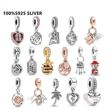 

100% S925 Sterling Silver Honeybee Key Heart-Shaped Double Pendant Charm Fit Original Pandoraer Bracelet Women Jewelry DIY Gift