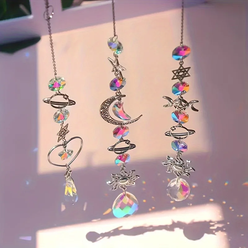 1/3pcs Unique Crystal Moon & Sun Wind Chime with Diamond Prism Pendant-Vibrant Rainbow Dream Catcher for Home and Garden Deco