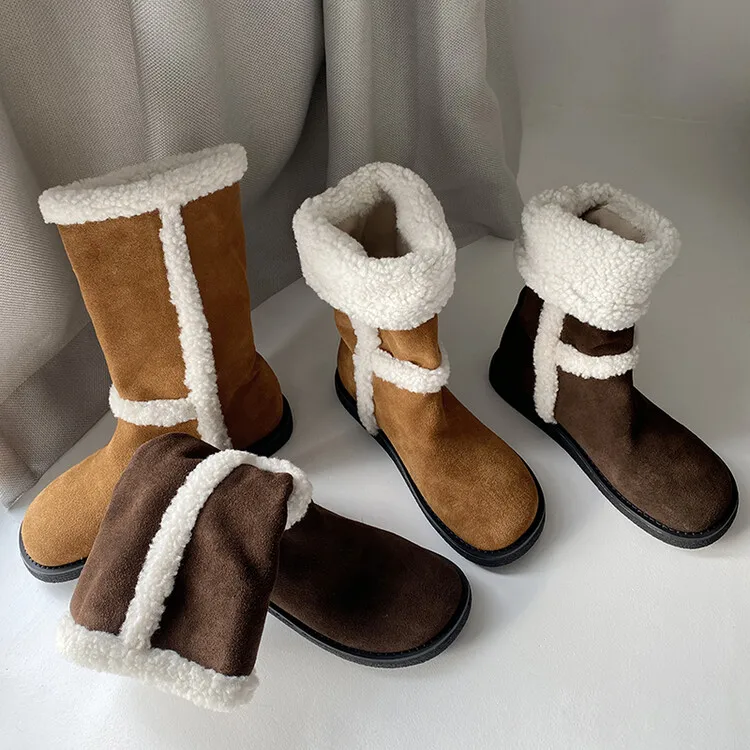 

Light Brown Suede Women Snow Boots Slip On Casual Plush Winter Botas Mujer Vintage Chocolate Riding Botines Femininos Zapatos
