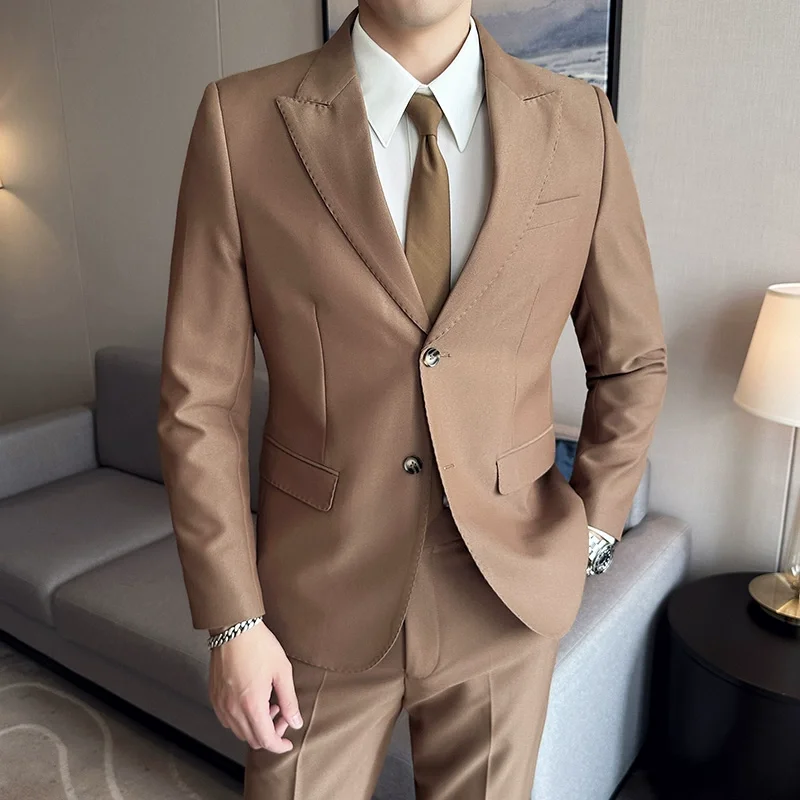 Jacket + Pants 2 Pieces Men's Elegant Fashion Slim Fit Suits Formal Business Wedding Tuxedos Casual Gentleman Solid Dress Suit