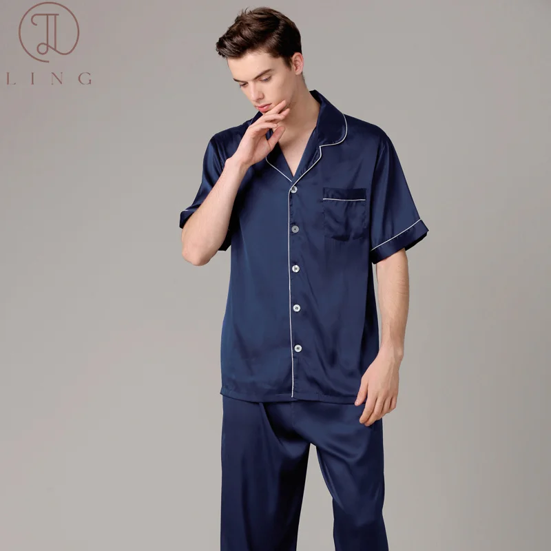 Ling Silk Satin Mens Pajama Sets Two Piece Half Sleeve Men's Sleep Lounge Sleepwear Sets Spring New Silk M-XXL Size