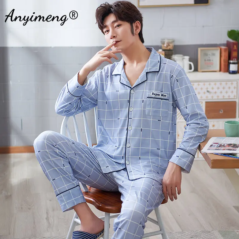 New Autumn Winter Fashion Men Pajama Sets Knitted Cotton Dandelion Printing Loungewear Turn down Collar Cardigan