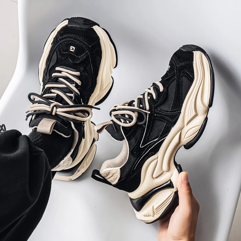 Lacing up Men's and Women's Couple Sport Shoes  Thick Sole Luxury Design Casual Retro Dirty Casual Sneakers Breathable Upper, view 5