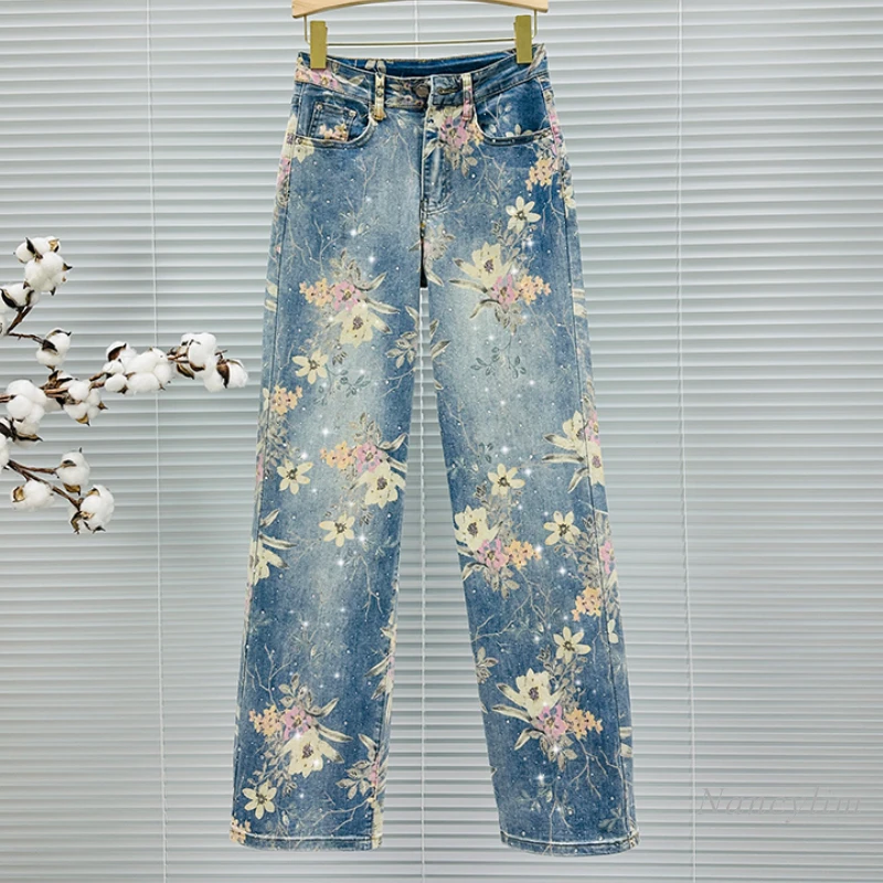 

Fashion Printed Rhinestones Mop Jeans Women's 2024 Summer New High Waist Loose All-Matching Wide Leg Trousers Denim Pants