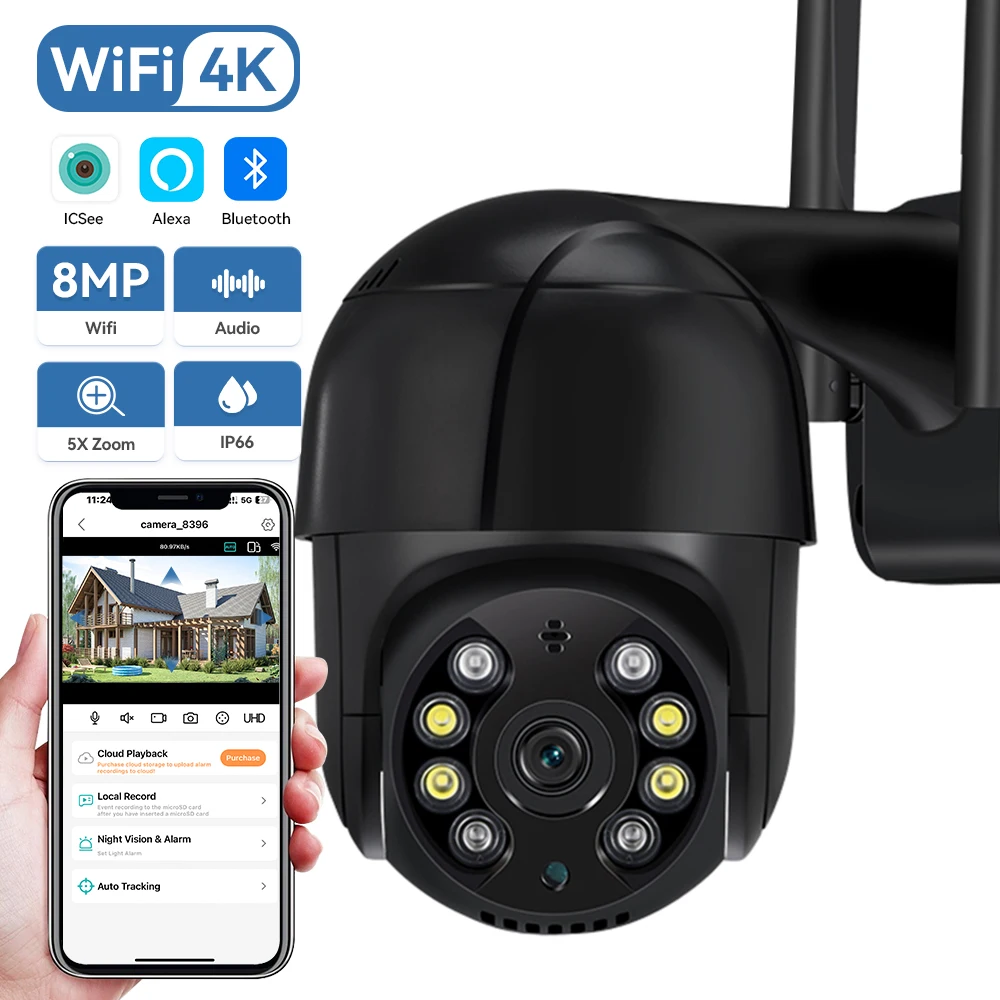 8MP PTZ Wifi IP Camera 4K HD 5MP Surveillance Camera ICSee 4X Digital Zoom H.265 1080P Outdoor Wireless Security CCTV Camera