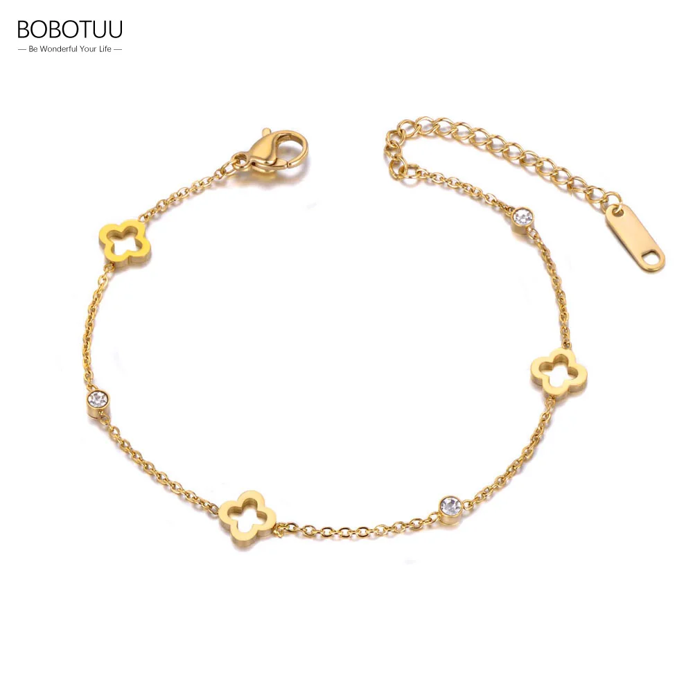 Cubic Zirconia Ankle Chains 316L Stainless Steel CZ Crystal Flower Plant Charm Anklet For Women 18K Gold Plated Chain Summer Beach Jewelry