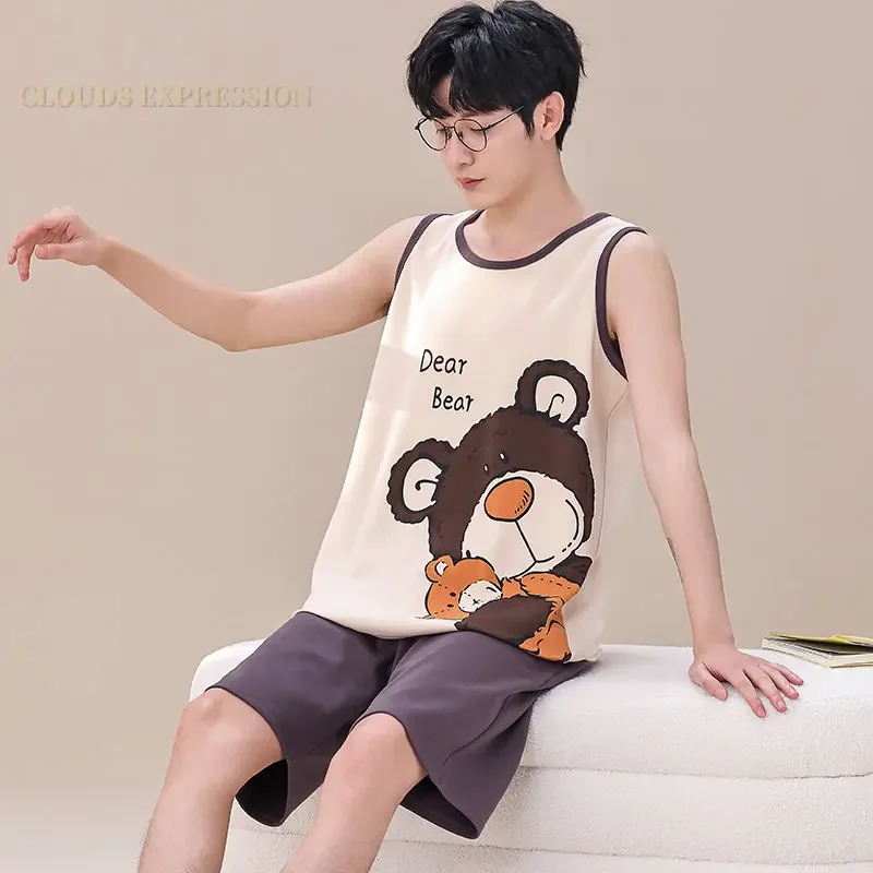 Cartoon Dinosaur Boys Pyjamas Knitted Mens Pajamas Sets Sleepwear Nightwear Loungewear Summer 4XL pajama sets