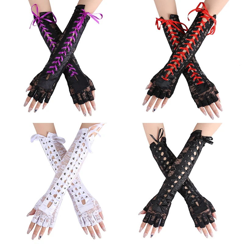

Sexy Floral Lace Elbow Length Half-Finger Gloves Black String Ribbon Ties Up Dance Party Fingerless Women Fishnet Mesh Mittens