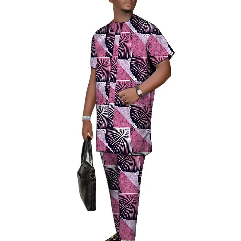 Abstract Pattern African Print Simple Style Men's Groom Suit Male Nigerian Fashion Short Sleeves Pant Sets Wedding Party Wear white through stripe chest short sleeves men s sets modern design print wedding groom suits african fashion party wear