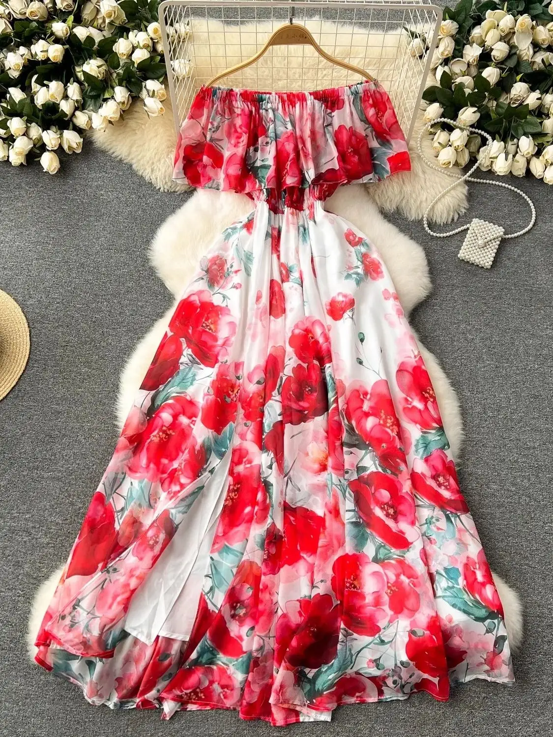 Retro Coral Flower Print Garden Dress Off the Shoulder main image 0