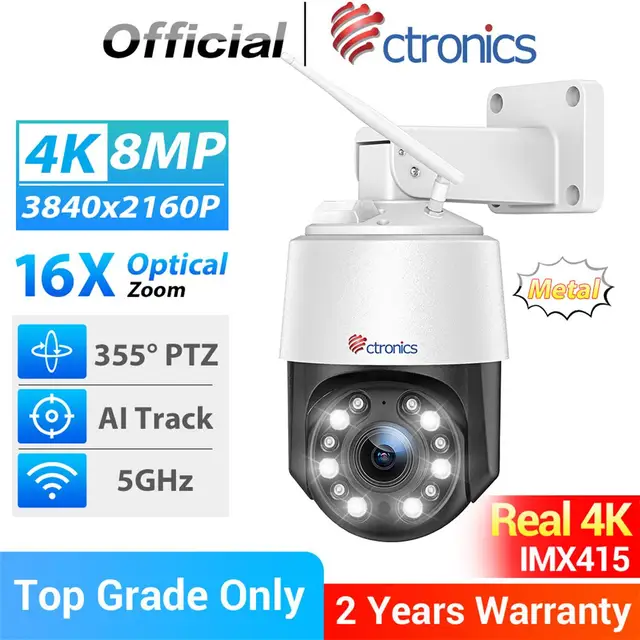 Ctronics Real-Caméra de surveillance extérieure, WiFi, 5Ghz, 4K, 8MP, 360, 16X, n'aime optique 5X, vision nocturne UHD, suivi automatique 1