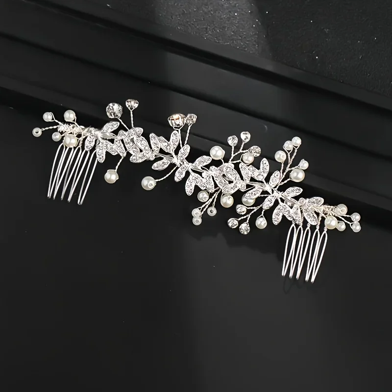 Crystal Pearl Hair Comb Clip Pin Rhinestone Leaf Hair Comb Headband Tiara for Women Bride Wedding Accessories Jewelry Bridal Hair Accessories Hair Accessories