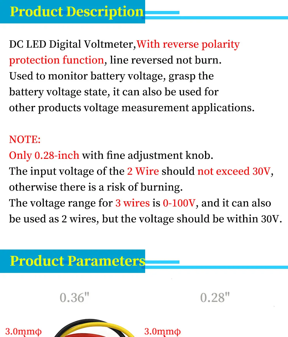 0.28/0,36 zoll 2 draht 0-30V / 3 draht DC 0V-100V Digital voltmeter Led-anzeige Mini 2/3 Drähte Spannung Meter Amperemeter Hohe Genauigkeit – Detail 2