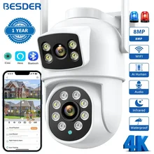 BESDER 4K 8MP Wifi Camera PTZ Outdoor Dual Screens Human Detection Dual Lenses 4MP Security Protection IP Camera Audio iCSee App