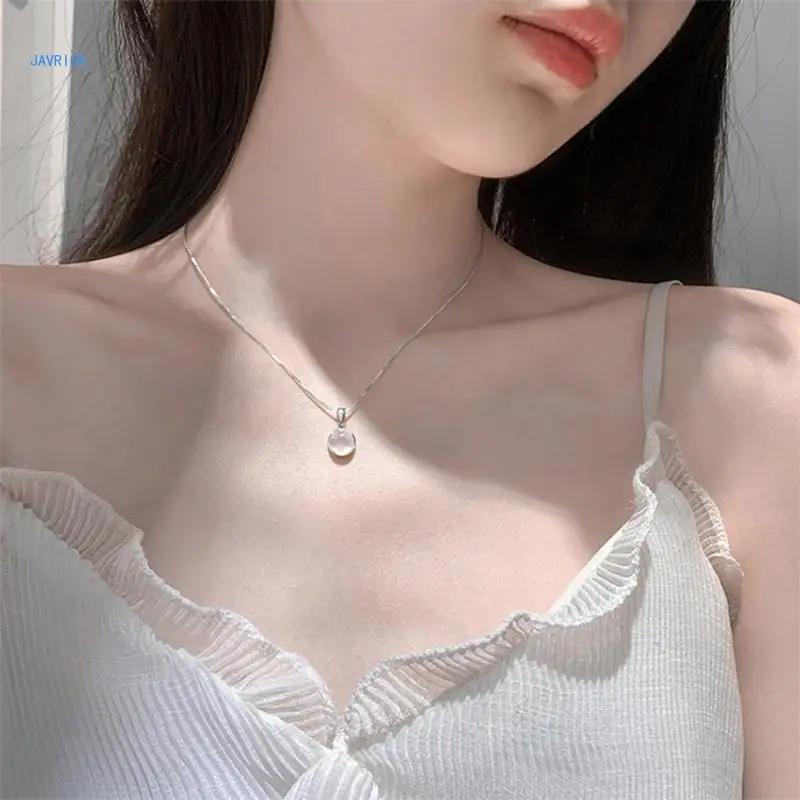 

White Round Moonstone Pendant Necklaces Clavicle Chain Jewelry Simple Short Charm Necklace for Girlfriend Wife Mom