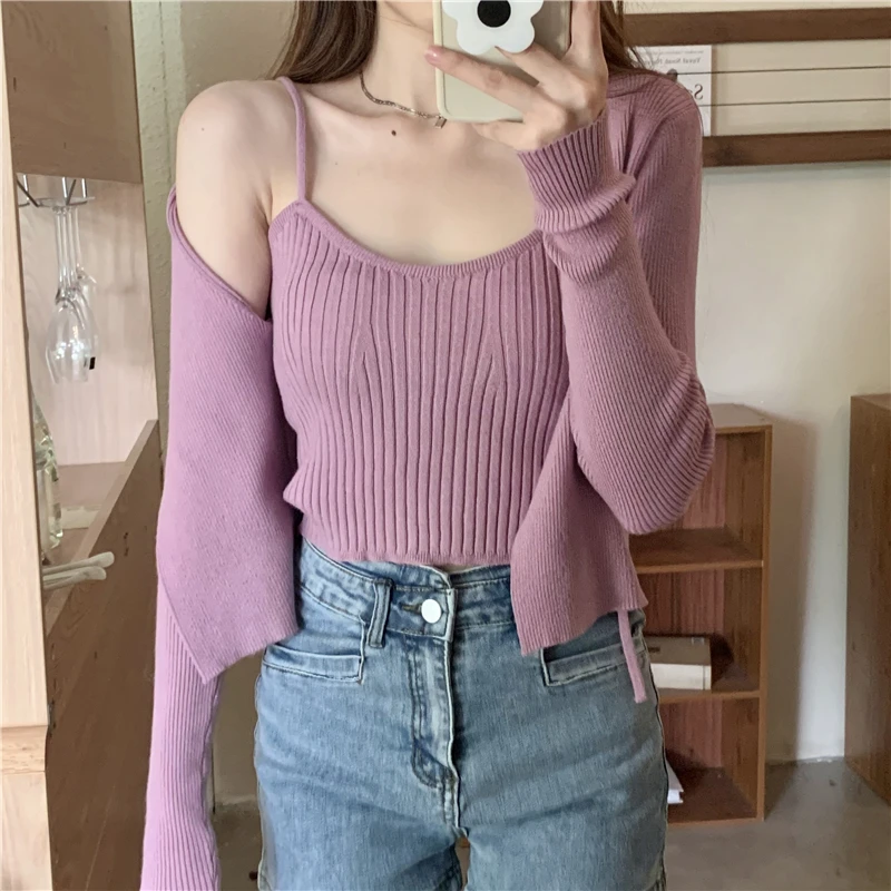 

2022 Autumn Cardigan Two Piece Set Women Korean Fashion Long Sleeve Solid Color Cropped Sweater Cardigan Mujer
