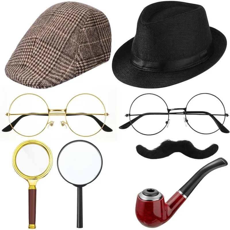 Cosplay Hats 8 pcs Detective Costume Accessories For Adults Detective Hat Kit Outfit Party Decoration