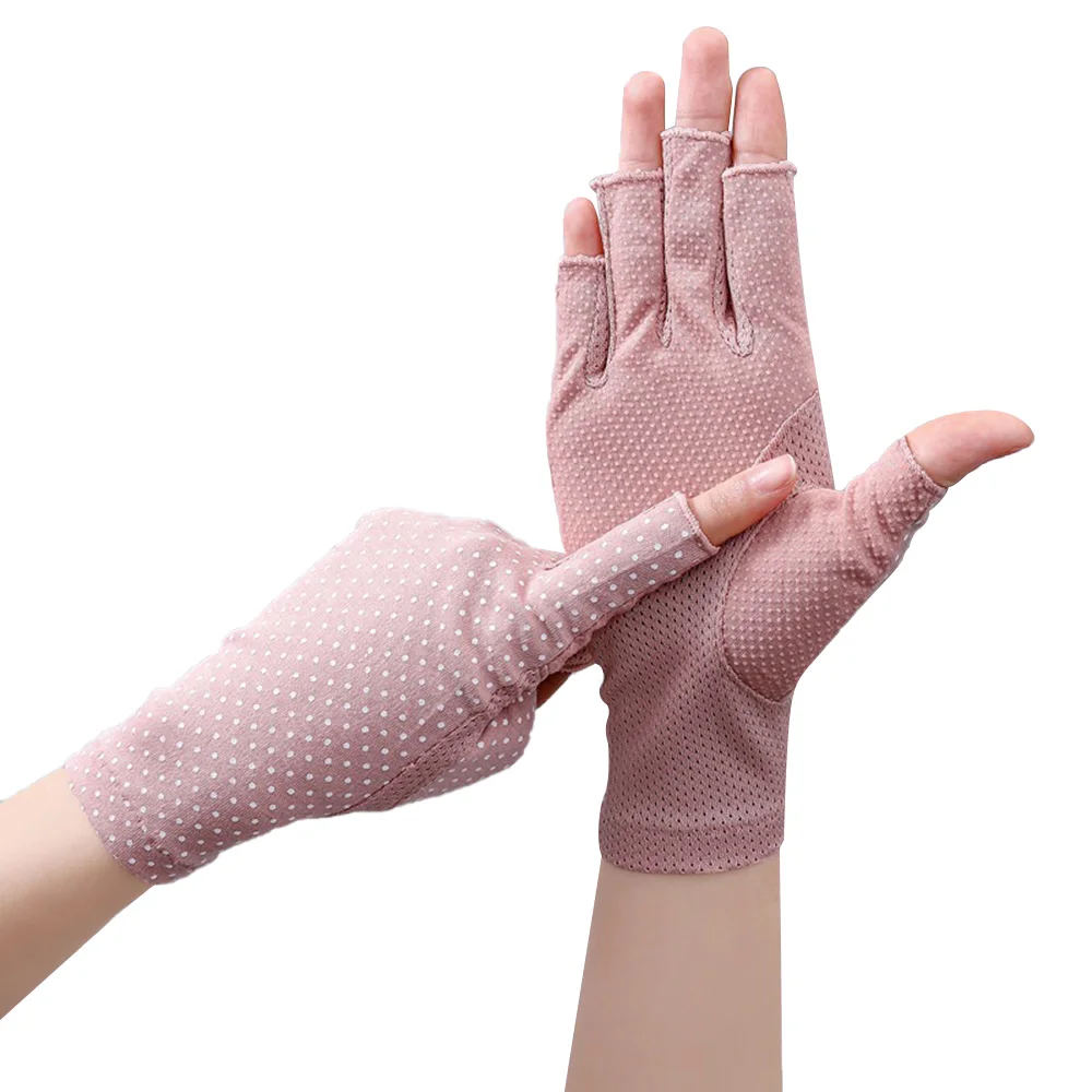 

Women's Cotton Summer Gloves Fingerless Half Finger Anti-Skid Sun Protection Printing Thin Dot Short Driving Gloves