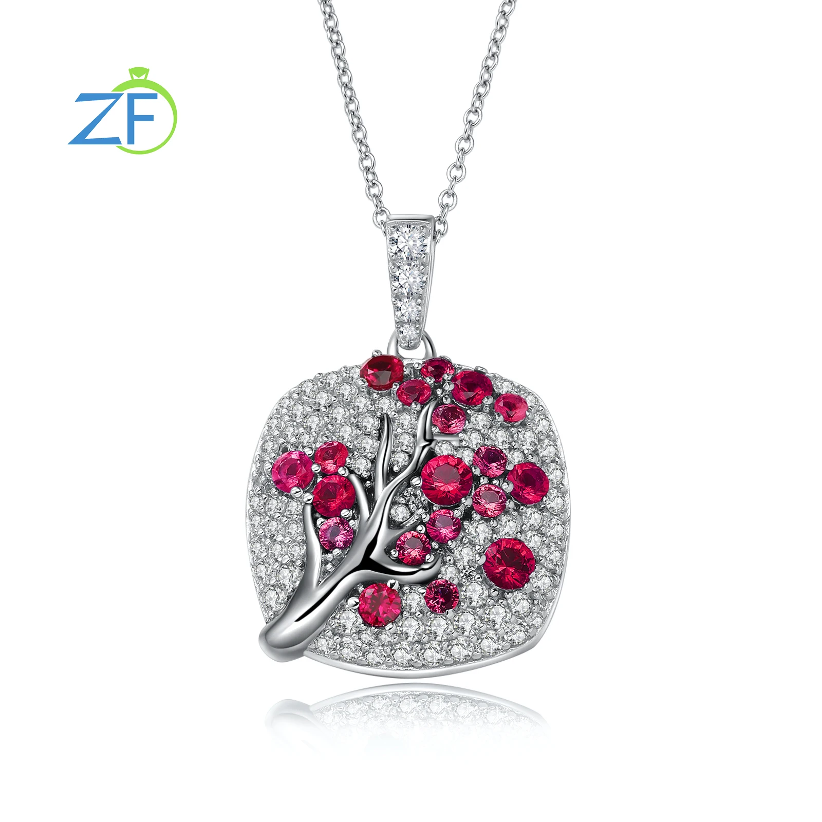 

GZ ZONGFA 925 Sterling Silver Created Ruby Cherry Tree Necklace for Women Cocktail Party Necklace Fine Jewelry