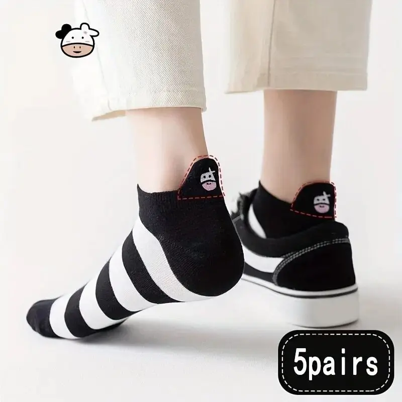 5 Pairs Womens Socks Creative Printing Socks Ankle Sock Lovely Cow Pattern Short Socks Casual Outdoor Indoor Cotton Socks