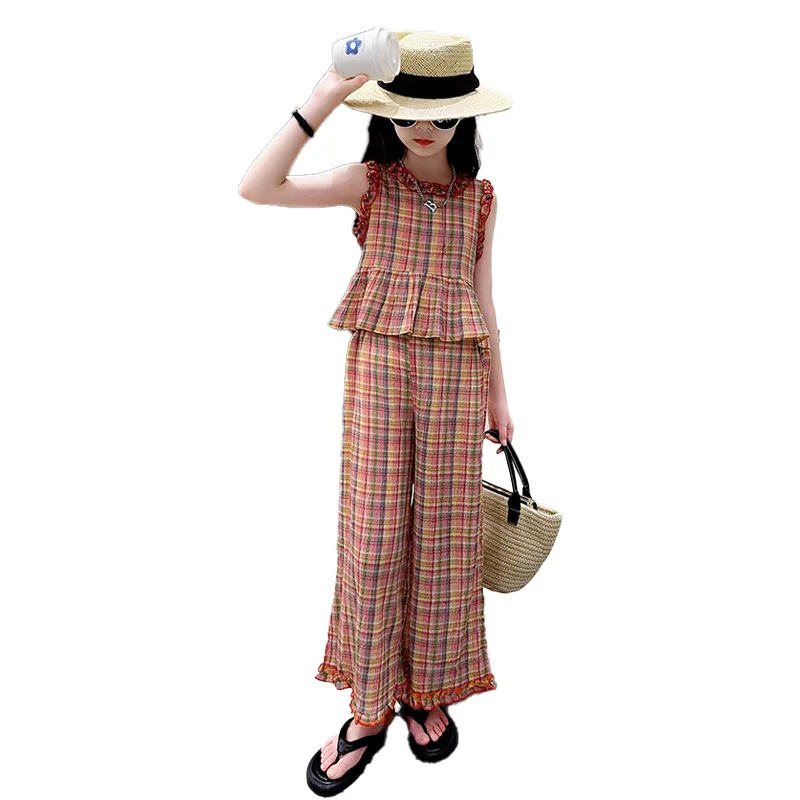 

Комплект летней одежды для девочек-подростков, винтажный хлопковый топ в клетку + хлопковые широкие брюки из пеньки, комплект из двух предметов, детская одежда