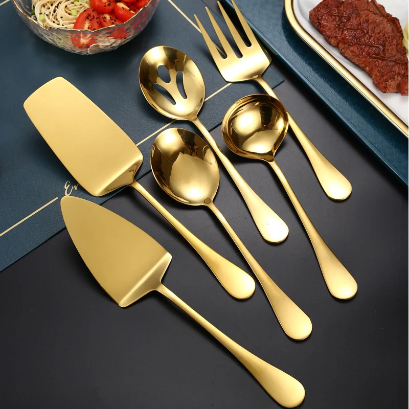 

Large Serving Flatware Silverware Stainless Steel Golden Service Spoon Public Tableware,Cold Meat Fork,Soup Ladle,Filter Shovel