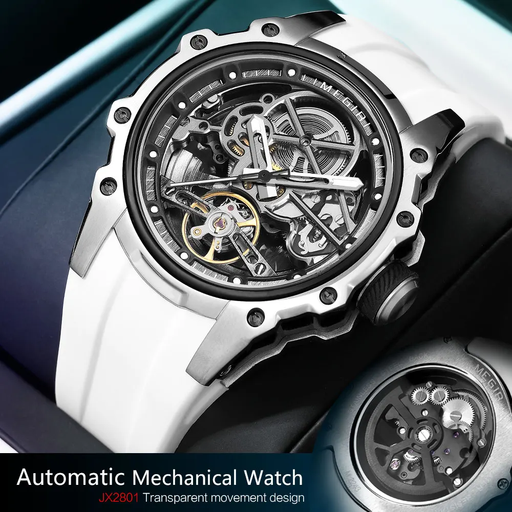 MEGIR Automatic Mechanical Sport Watch for Men Fashion Waterproof Luminous Wristwatch with Silicone Strap SKeleton Dial 2243 - 2