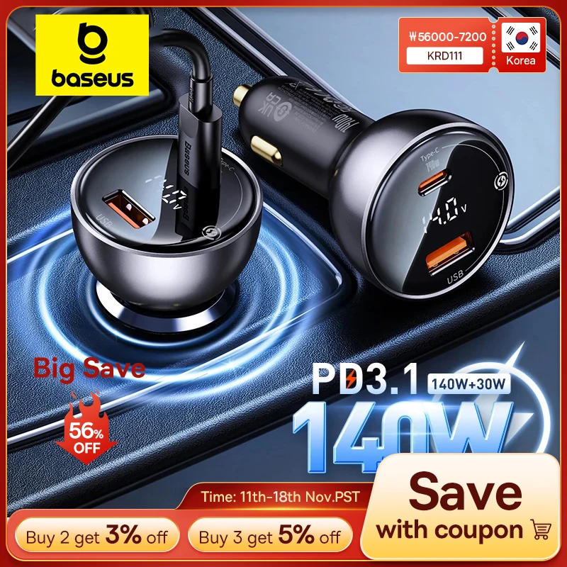Car Charger Baseus 140W PD3.1 Fast Charging QC3.0 Quick Charge For Macbook Pro Laptop USB Type C For iPhone 16