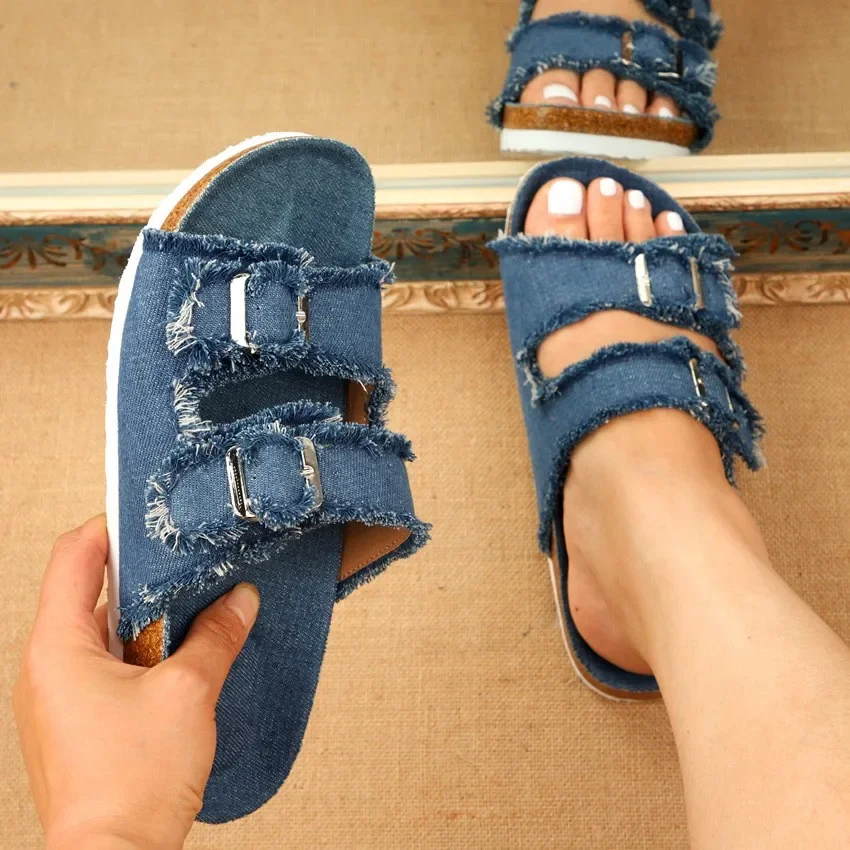 2022 New Summer Beach Cork Slippers Casual Double Buckle Non-slip Clogs Slides Women Slip on Flip Flop Shoe Denim Slipper Female