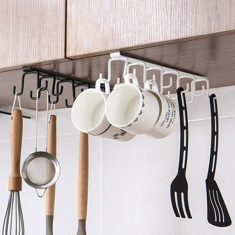 

Double-Row Hook Hanging Cup Holder 12 Hooks Household Punch-Free Wall Cabinet Hook Kitchen Organizer Hanging Rack Iron Holder