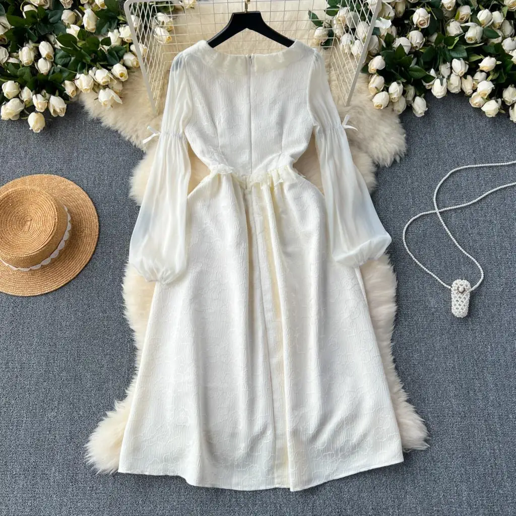 Autumn Elegant Wedding Princess Party Dress Women Korean Jacquard Fairy Vintage Lace-up Lantern Sleeve Dresses Vestidos