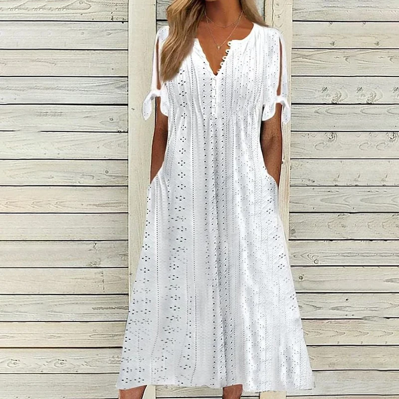 Robe midi bohème pour femme à épaules dénudées, à œillets, manches courtes, col en V, boutonnée, coupe ample décontractée, style A-line, avec poches, pour l’été