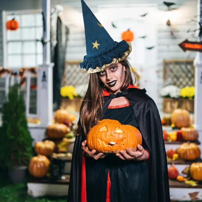 

Женская шляпа ведьмы на Хэллоуин, Мужской Женский костюм волшебника для косплея, женская шляпа с широкими полями, модная синяя Шляпа Волшебника