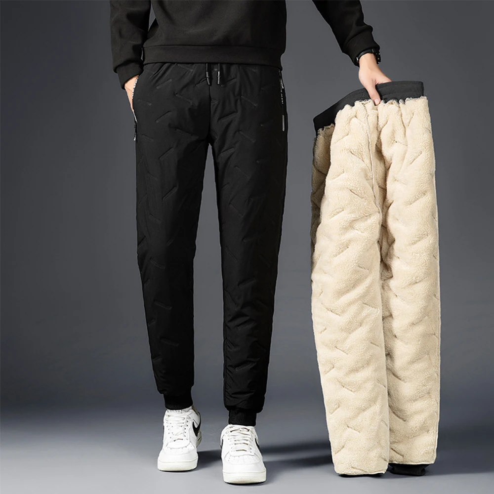 Winter Pants Men Fur Lined Joggers Men Thick Sweatpants Drawstring